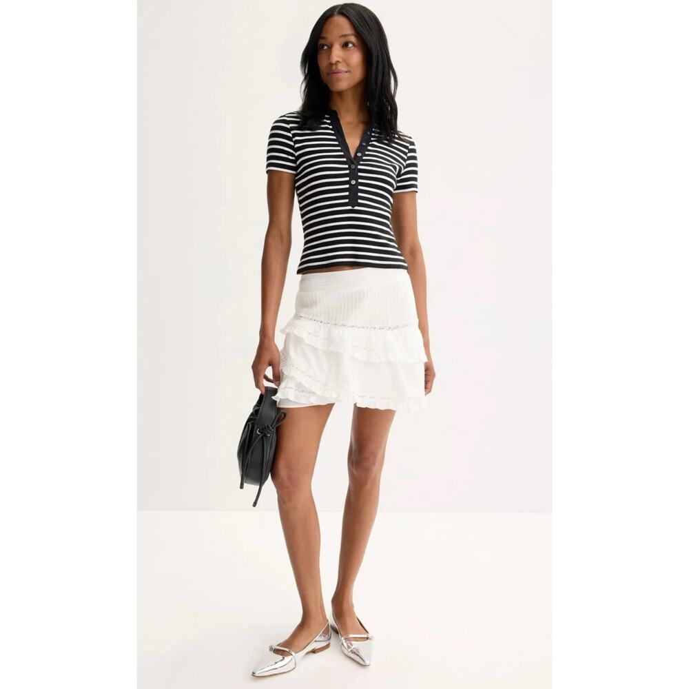 Maje Jovence White 100% Cotton Tiered Mini Skirt Embroidered Trim 1 S